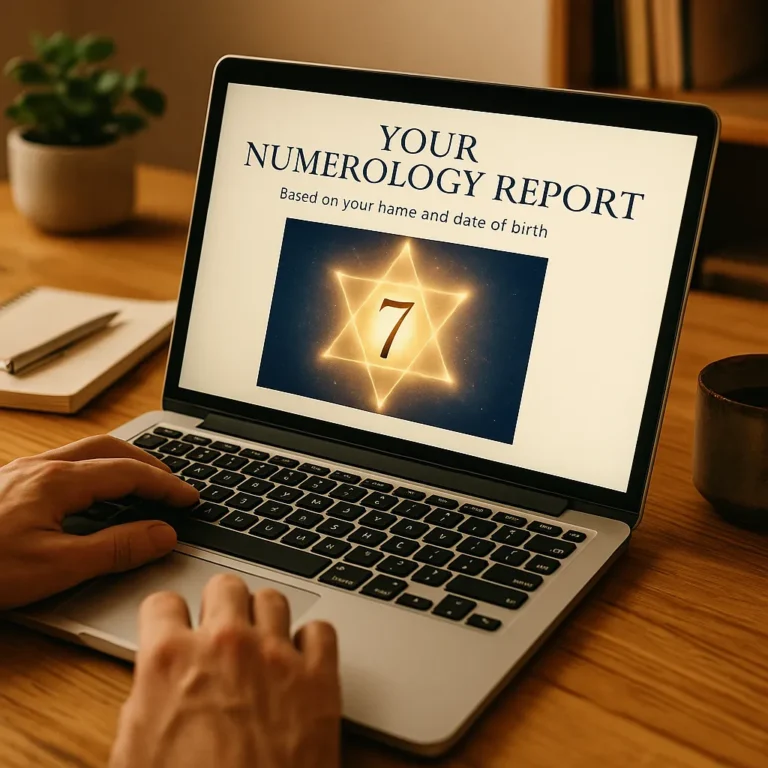 A laptop with a silver body on a wooden desk, displaying a personalized numerology report featuring the number 7 inside a glowing star, surrounded by a cozy setup with a notebook, coffee mug, and potted plant.