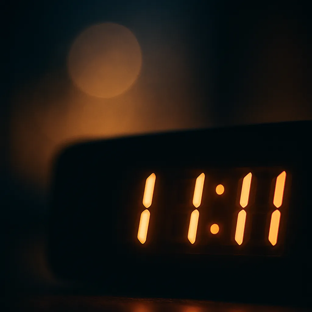 A photograph captures the number "11" displayed prominently on an old clock face, illuminated by soft morning light near a windowsill, symbolizing synchronicity and spiritual awareness.