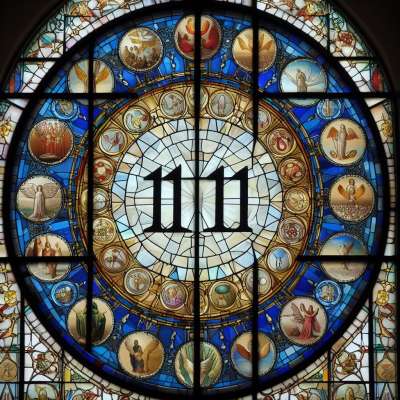 Stained glass window featuring the number 1111 surrounded by intricate biblical symbols.