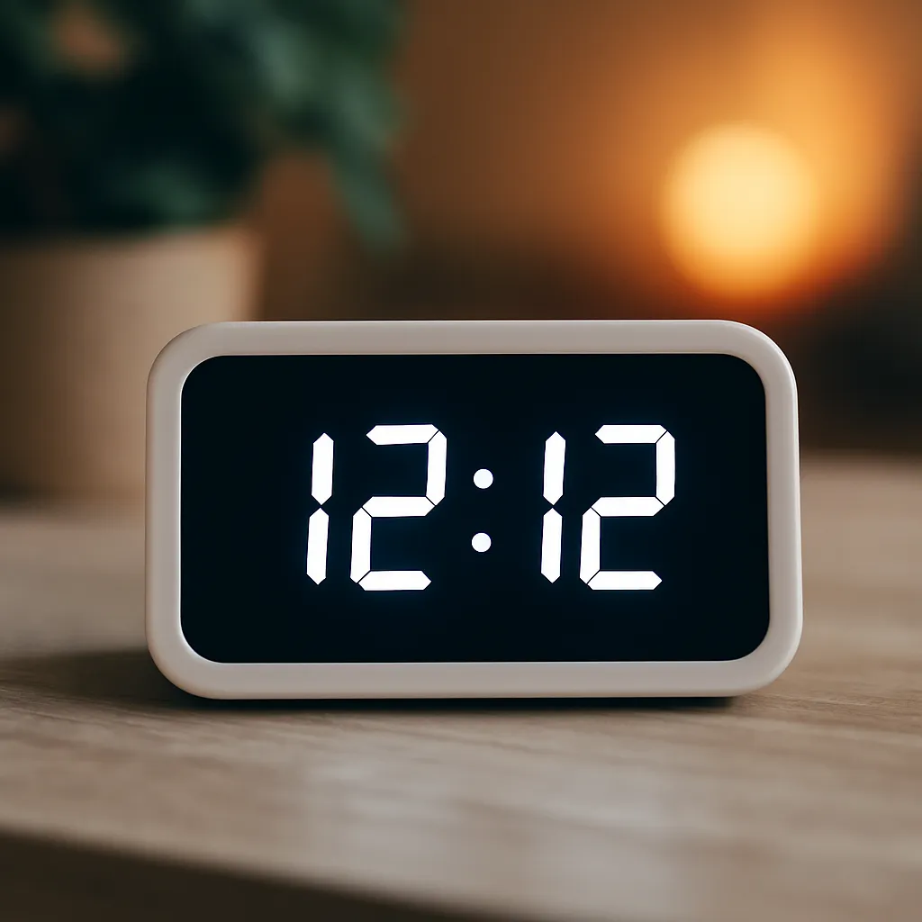 A digital clock on a light-colored wooden surface displays the time 12:12, with a blurred warm background and potted plant.