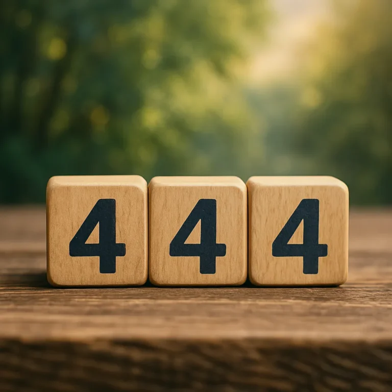 A photograph features a close-up of three wooden blocks with the number 444, placed on a rustic wooden surface with a blurred green and golden forest in the background.