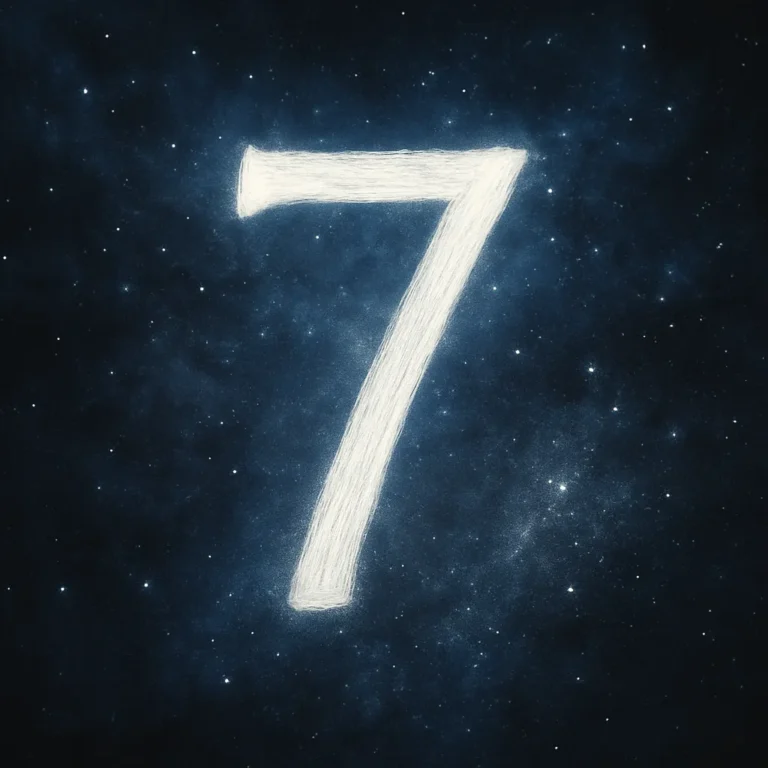 A glowing number 7 floats against a deep blue cosmic background filled with stars and swirling nebula.