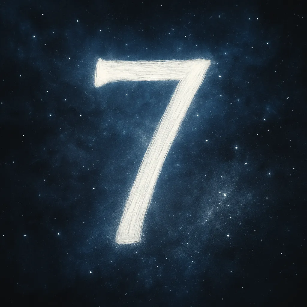 A glowing number 7 floats against a deep blue cosmic background filled with stars and swirling nebula.