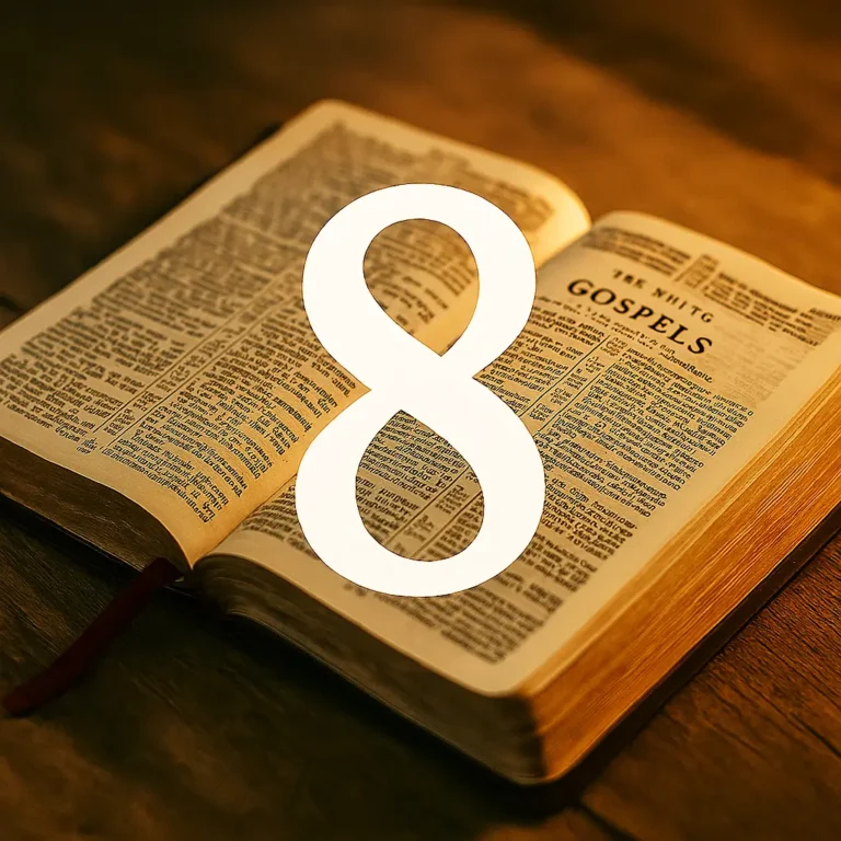 An open Holy Bible resting on a wooden table, highlighted with warm lighting, showing the word “Gospels” with a large glowing number 8 overlaid in the center.