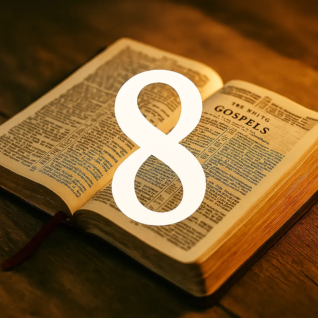 An open Holy Bible resting on a wooden table, highlighted with warm lighting, showing the word “Gospels” with a large glowing number 8 overlaid in the center.