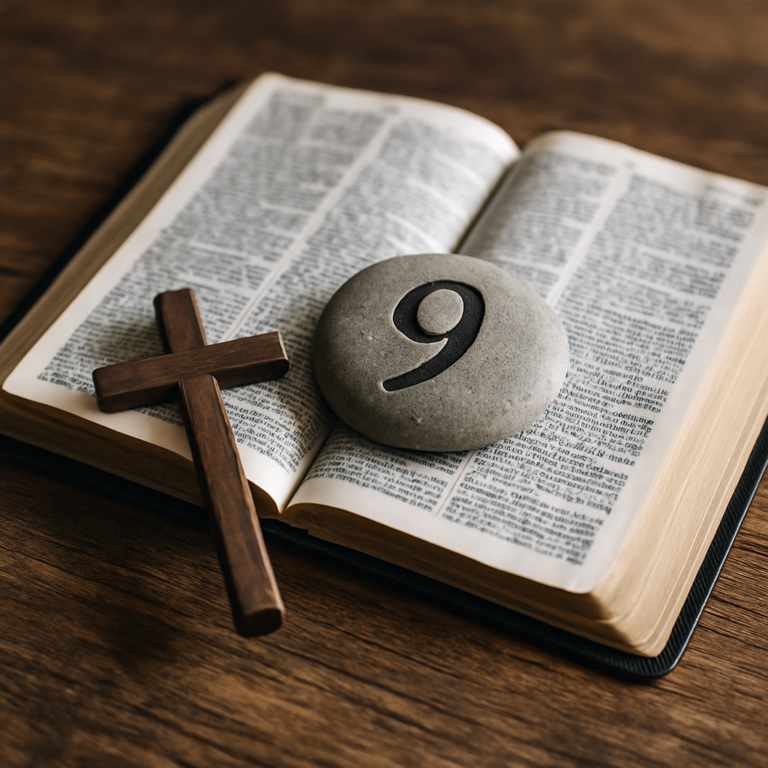 An open Bible resting on a wooden table with a gray stone engraved with the number 9 placed on the pages and a wooden cross leaning beside it.