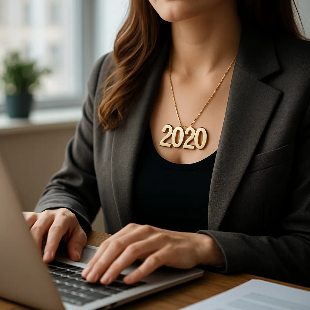 A woman working at a laptop while wearing a gold 2020 pendant necklace, representing career focus and 2020 angel number energy.