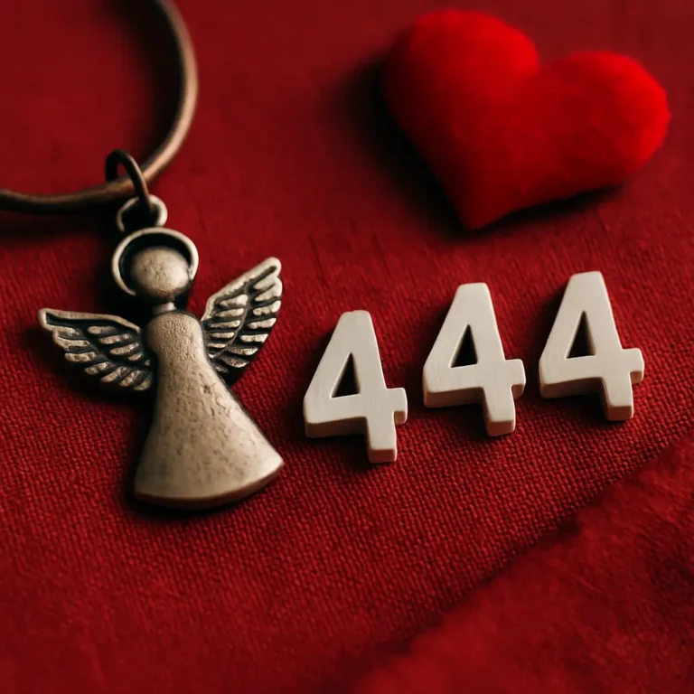 A photograph showcases a close-up of a red fabric with a metallic angel pendant and white “444” numerals next to a soft red heart.
