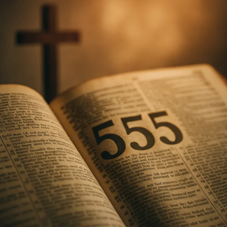 A Bible opened to a page displaying the number 555 in bold, with a wooden cross softly blurred in the background.