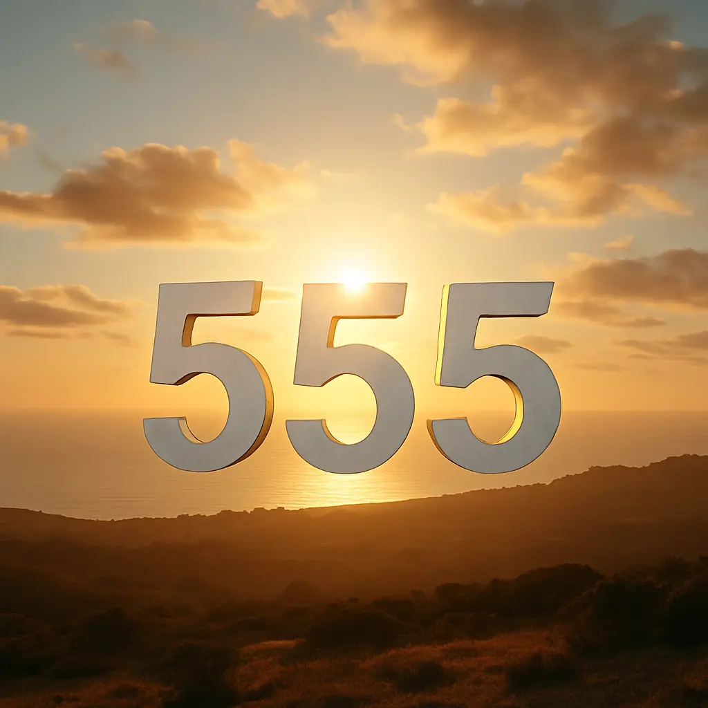 A glowing 3D number 555 standing against a golden sunset sky with ocean and hills in the background, symbolizing change and transformation.