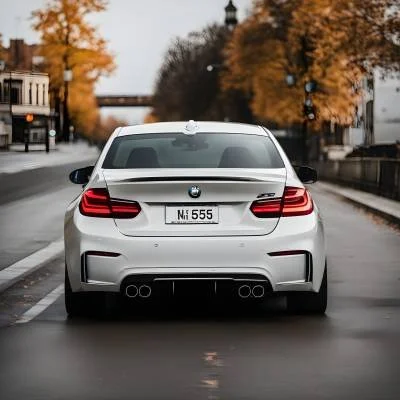 White BMW car on a city street with license plate displaying the number 555.