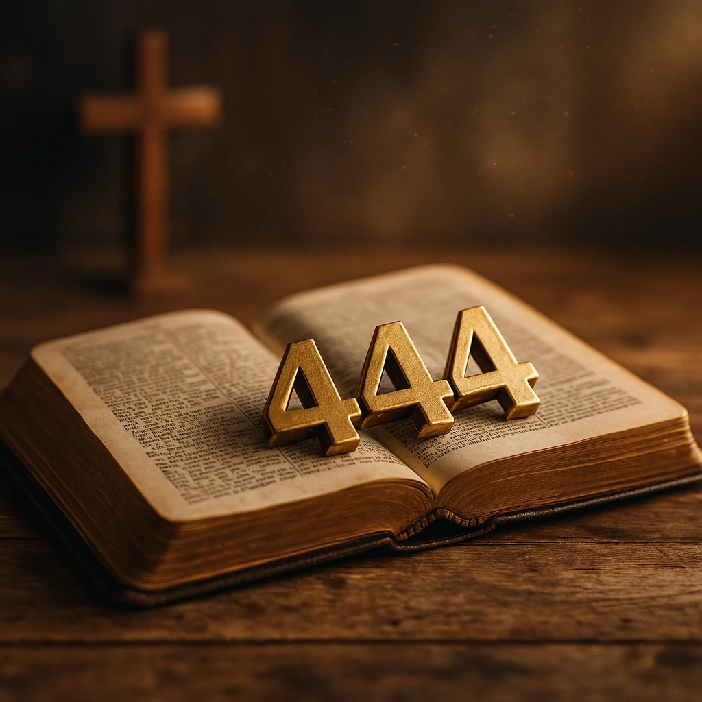 An open Bible resting on a rustic wooden table with the golden number 444 standing on its pages, softly lit with a wooden cross blurred in the background.