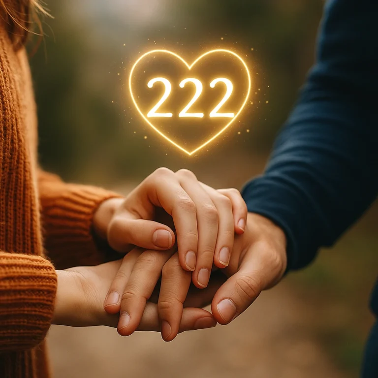 A pair of hands gently touching, illuminated by a glowing heart with the number 222, symbolizing twin flame connection and spiritual harmony.