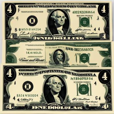 Stylized US one-dollar bills with the number "4" prominently displayed.