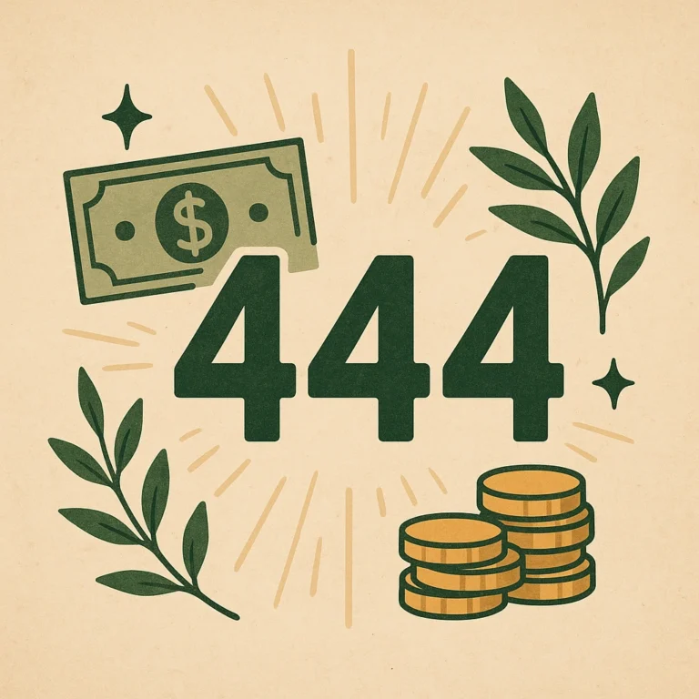 A digital illustration showing the number 444 surrounded by a dollar bill, coins, and green leaves—symbolizing abundance and financial stability.