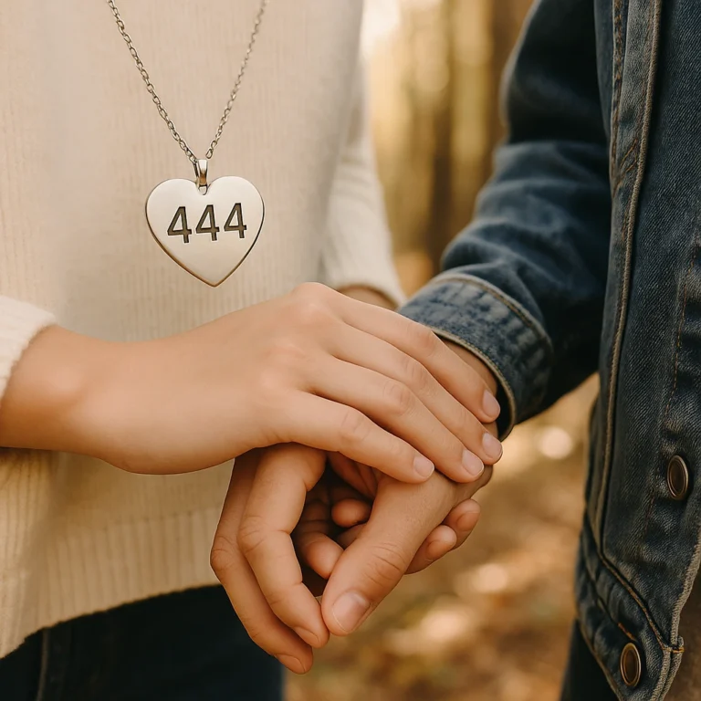 A photograph captures two individuals holding hands in a sunlit forest, with a silver heart-shaped pendant engraved with "444" symbolizing spiritual connection and support