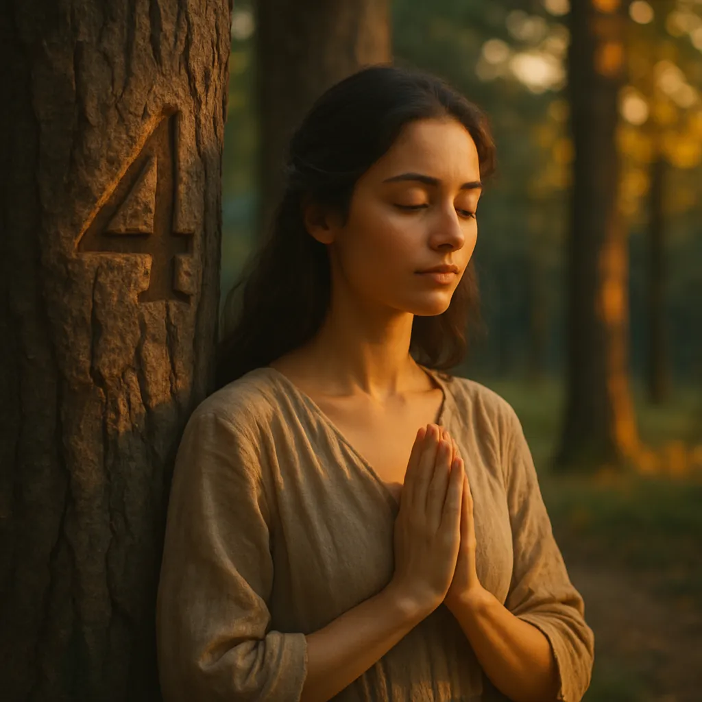 A woman meditating in a forest beside a tree with the number 4 carved into its bark, illuminated by warm sunlight.