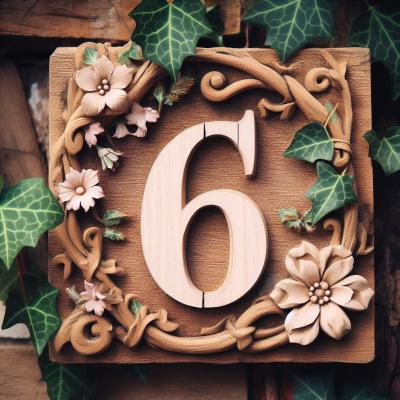 Decorative wooden plaque showcasing the number 6, surrounded by intricately carved flowers and leaves.
