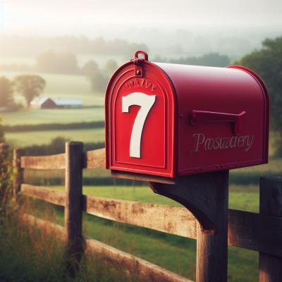 Red mailbox with the number 7 on a wooden post overlooking a misty countryside.