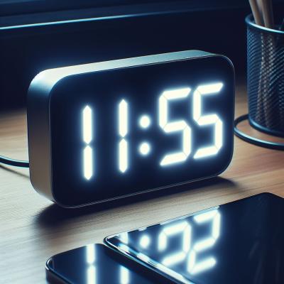 Digital clock displaying the 11:55 angel number, relevant to twin flame article.