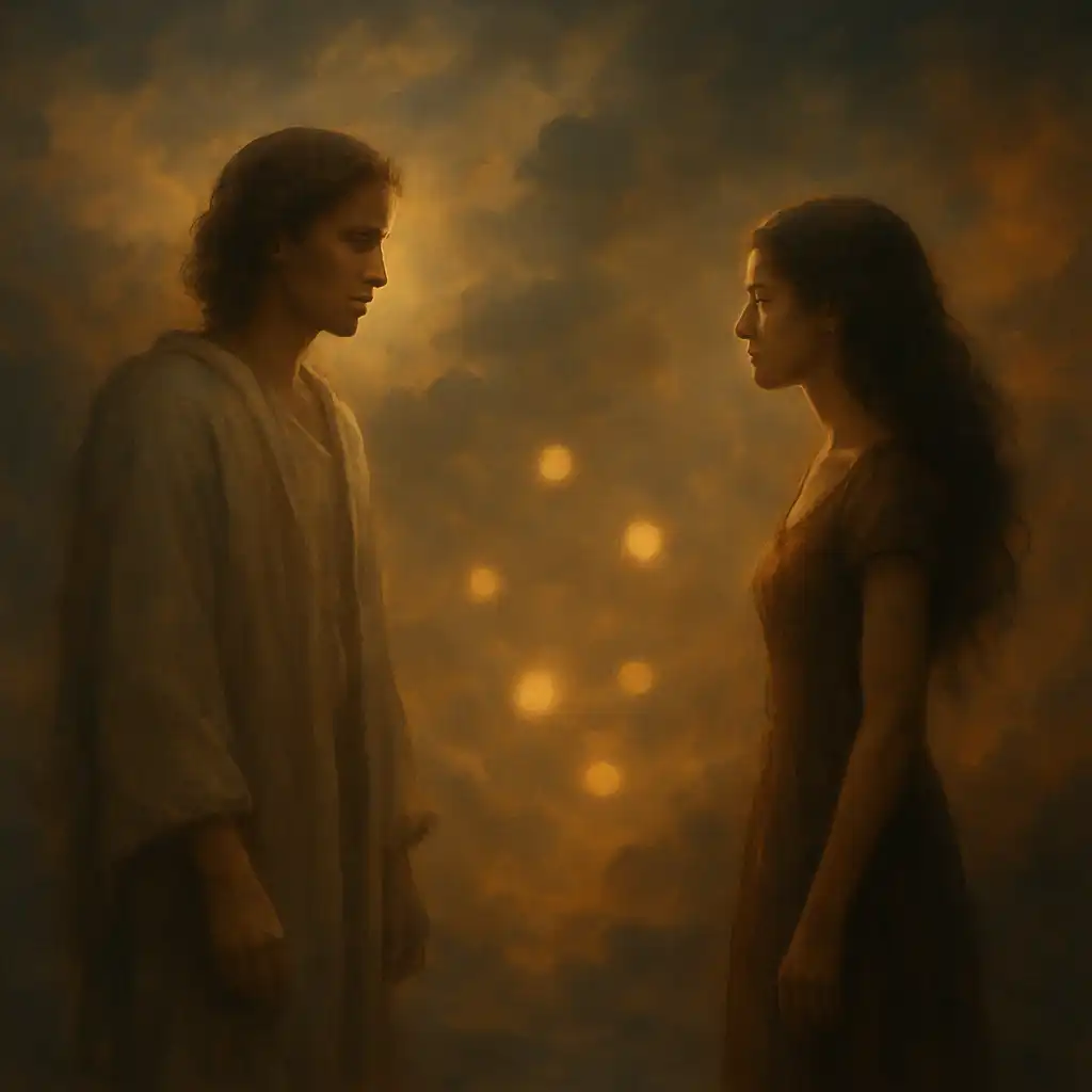 A traditional oil painting illustrating two ethereal figures separated by a glowing light, symbolizing twin flame separation.