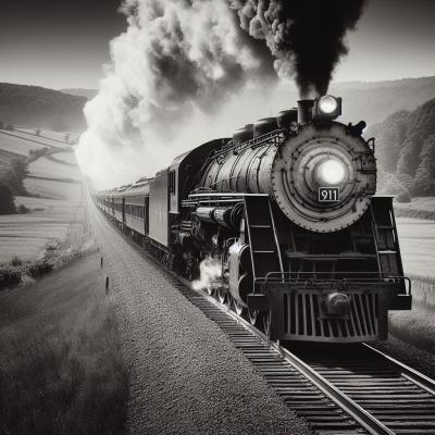 A monochromatic image of a steam locomotive numbered 911 charging along the railway tracks through a lively countryside.