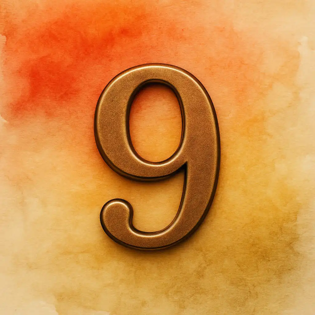 A bold bronze number 9 sculpture standing on a rustic wooden surface with a blurred background.