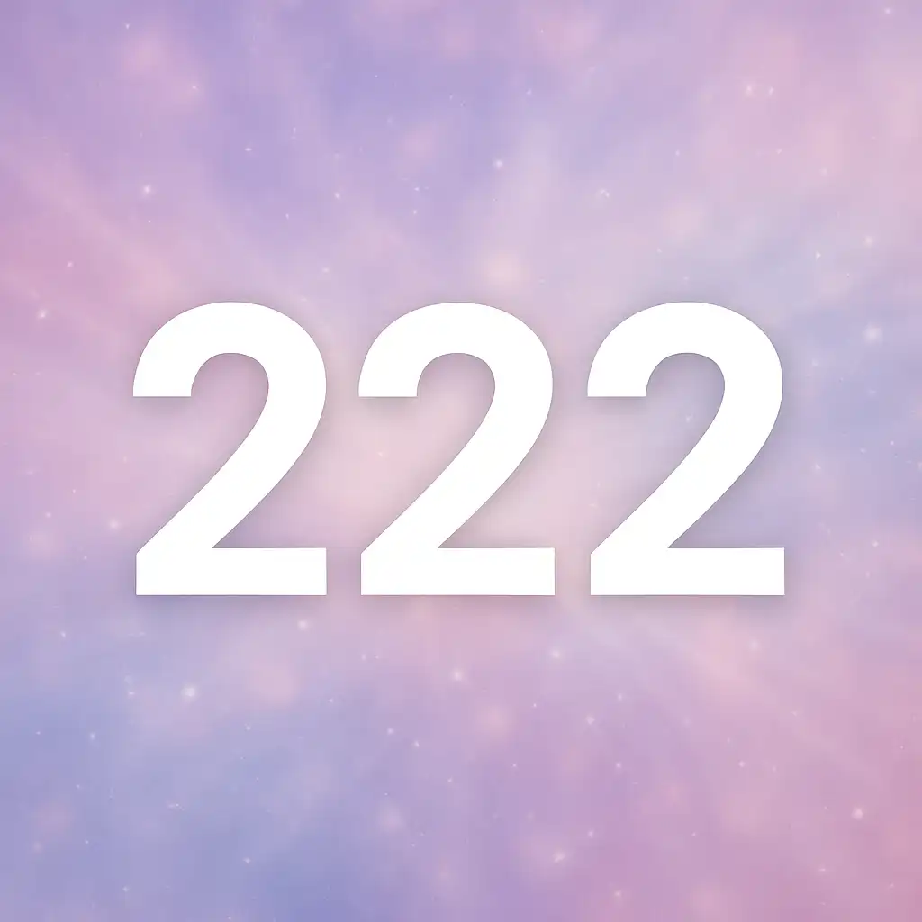 A digital graphic design features the glowing angel number 222 against a soft cosmic background, symbolizing love, harmony, and twin flame connection.