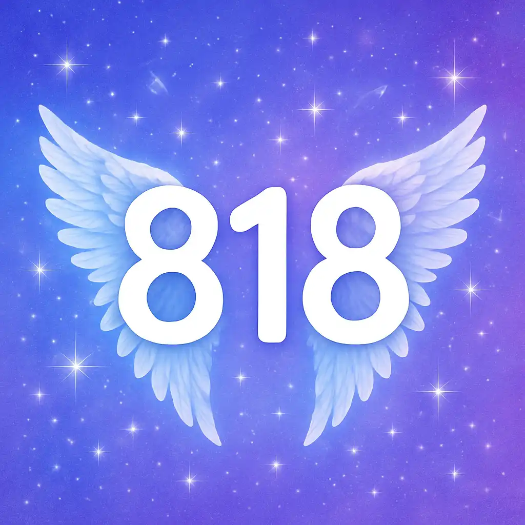 A 2D digital illustration of the angel number 818 glowing in a radiant, celestial atmosphere with subtle golden light and soft cosmic elements in the background.