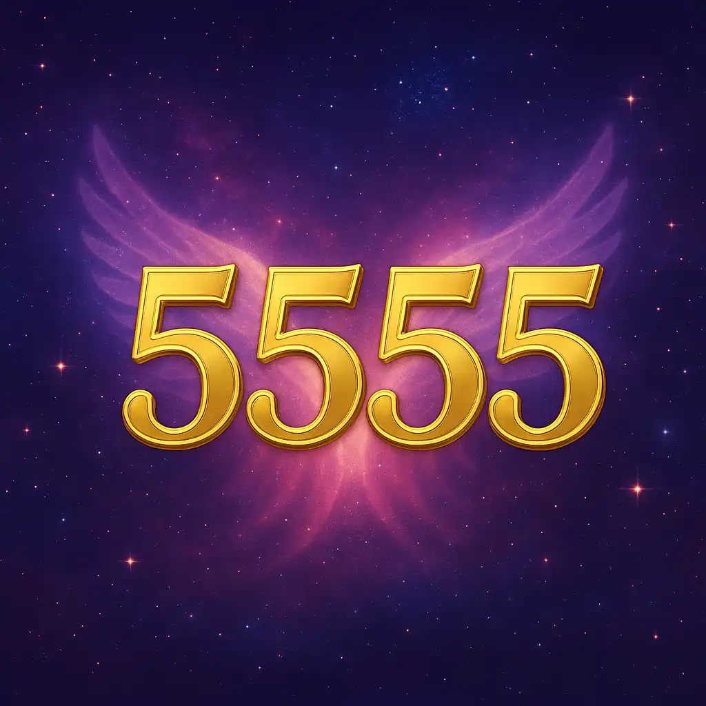 A digital illustration features a large gold number 5555 glowing against a mystical twin flame-inspired background of swirling pink, purple, and blue hues.