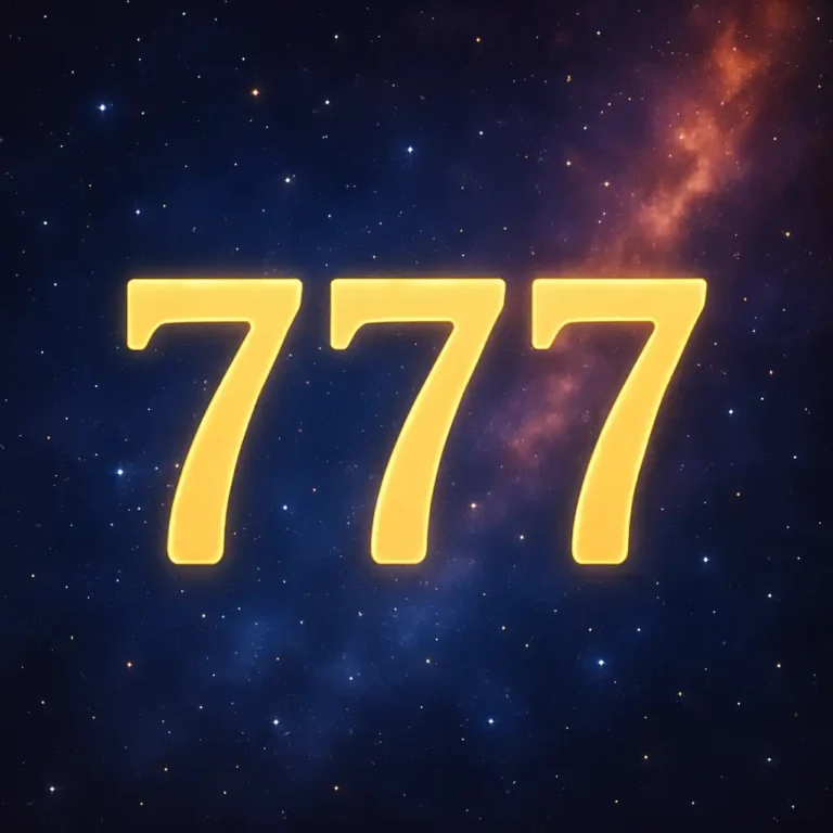 A digital illustration features large, glowing number "777" set against a vibrant cosmic background with stars and nebulae.