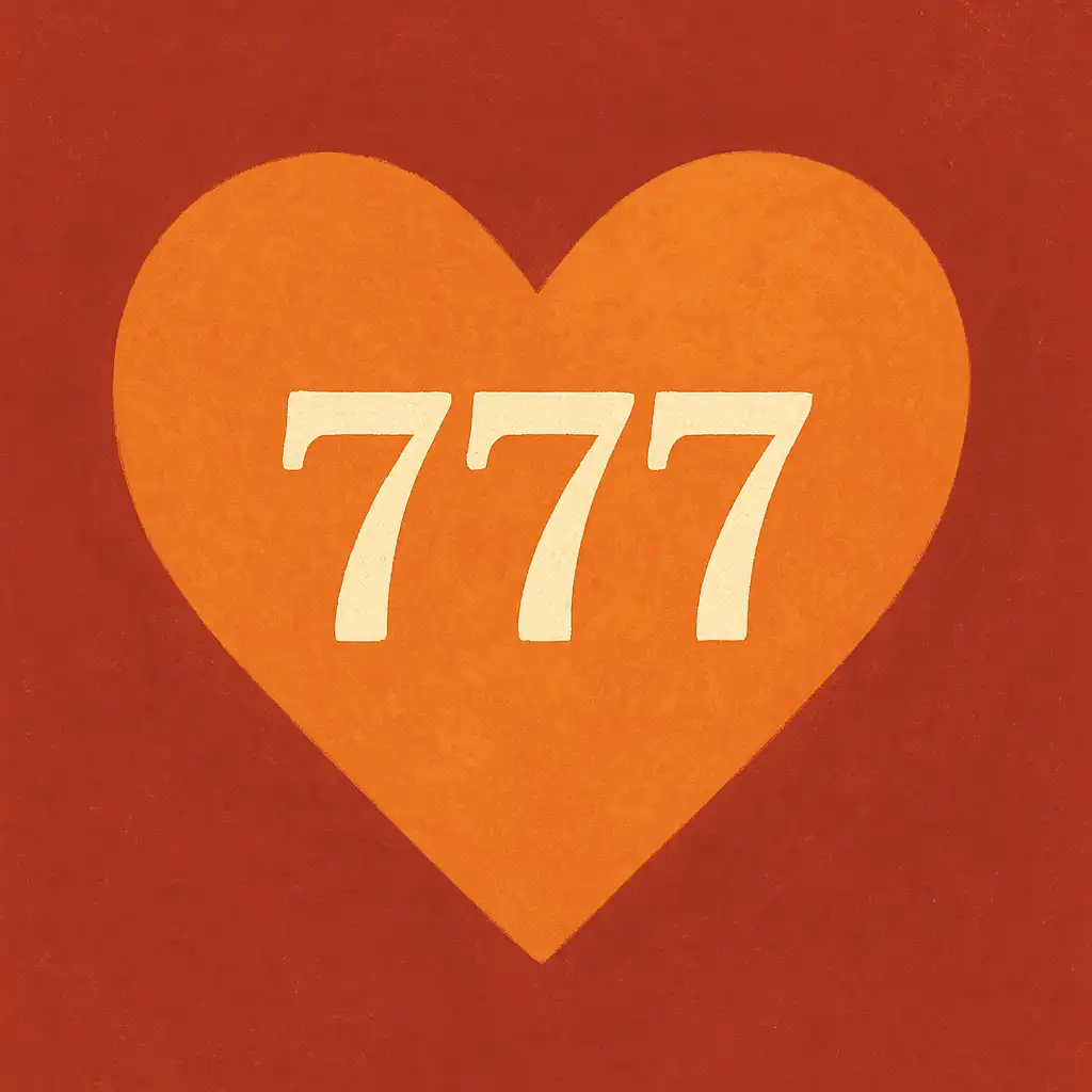 A glowing orange heart with the number 777 in the center, surrounded by soft light on a dreamy pink background, symbolizing divine love and spiritual connection.
