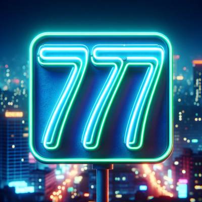 Neon sign of the number 777 glowing in electric blue against a backdrop of a blurred city skyline at night.