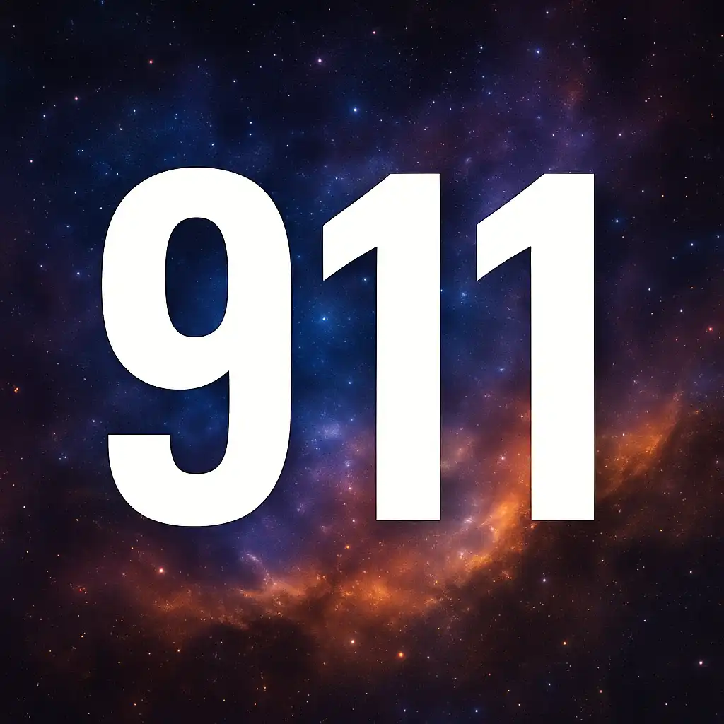 A digital image features the bold, white numerals "911" glowing against a cosmic blue and purple background filled with stars and swirling light.