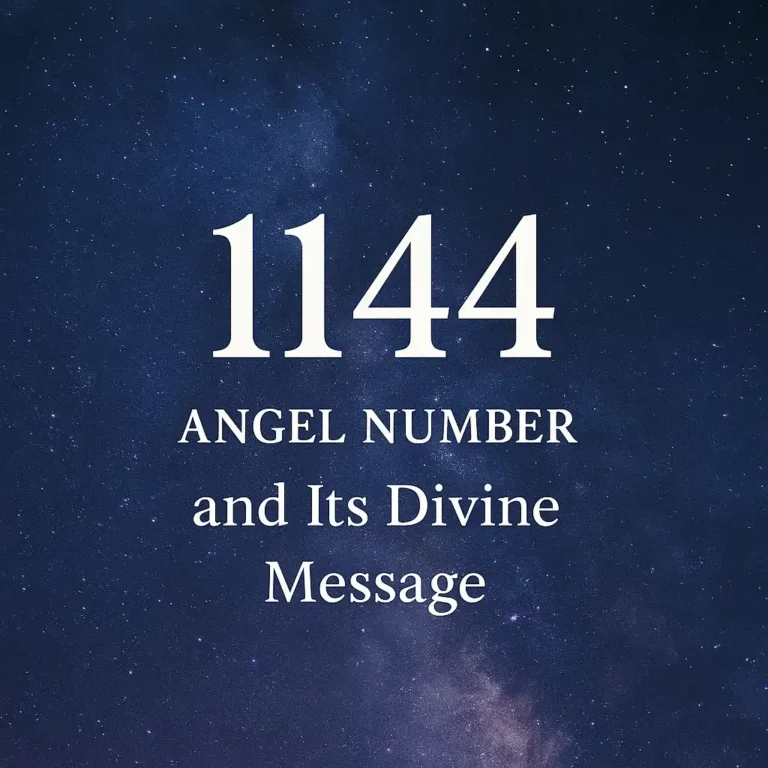 A digital graphic features a celestial background with soft glowing light, showcasing the number 1144 in a luminous and spiritual font, symbolizing angelic guidance.