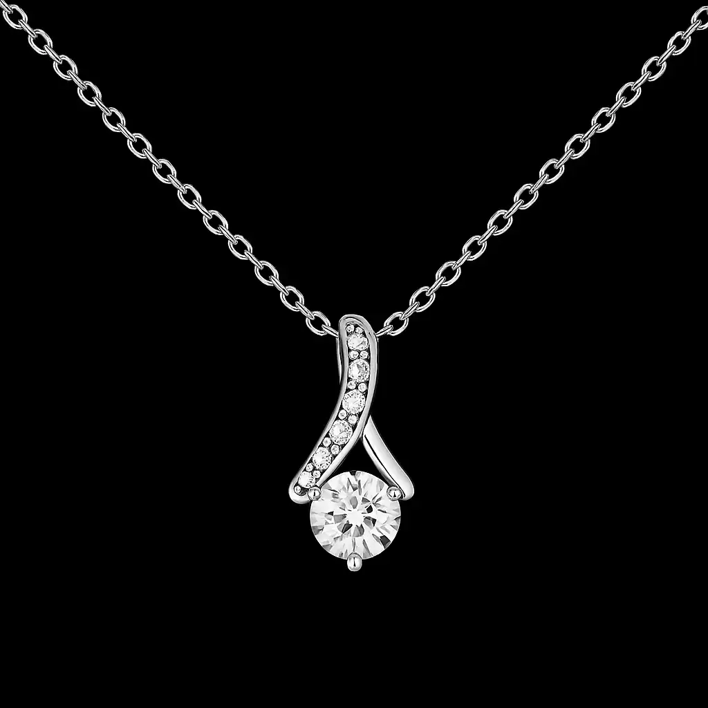 A digital photograph showcases a sterling silver pendant with a delicate, intertwined design, featuring a single round gemstone suspended from a fine chain, set against a solid black background.