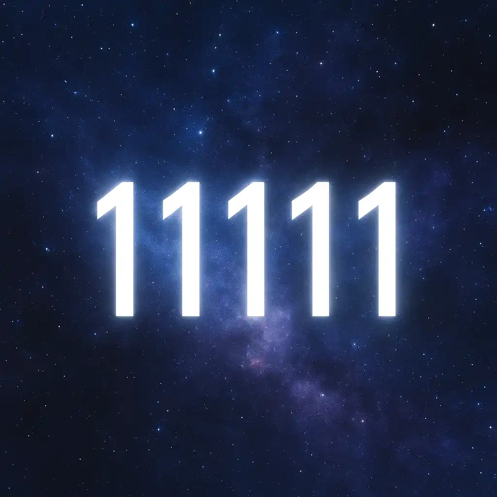 A digital image features five tall, glowing white number ones (11111) floating against a cosmic background of stars and radiant light.
