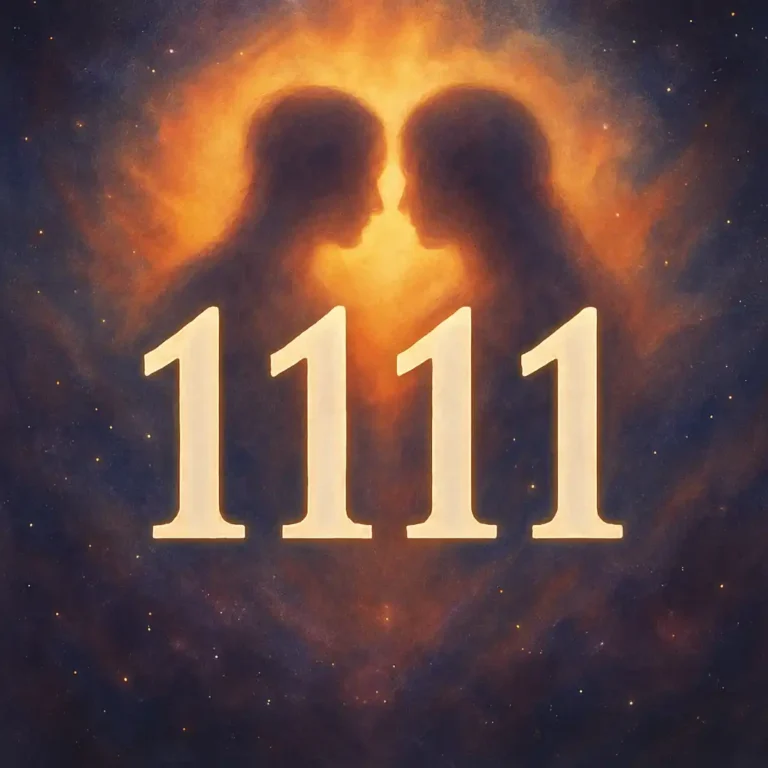 Golden numbers arranged as 1111 on a glowing celestial background, symbolizing spiritual awakening and twin flame reunion energy.