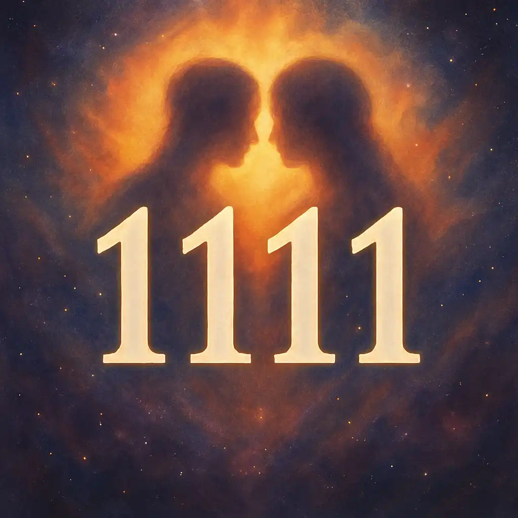 Golden numbers arranged as 1111 on a glowing celestial background, symbolizing spiritual awakening and twin flame reunion energy.