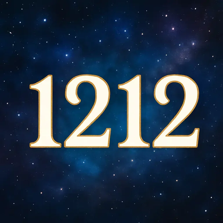 A glowing digital illustration of the number 1212 floating in a mystical purple and blue space background, surrounded by cosmic light and starry elements.