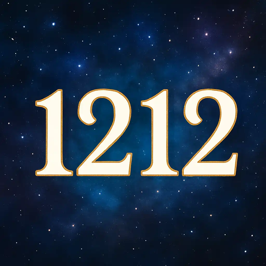 A glowing digital illustration of the number 1212 floating in a mystical purple and blue space background, surrounded by cosmic light and starry elements.