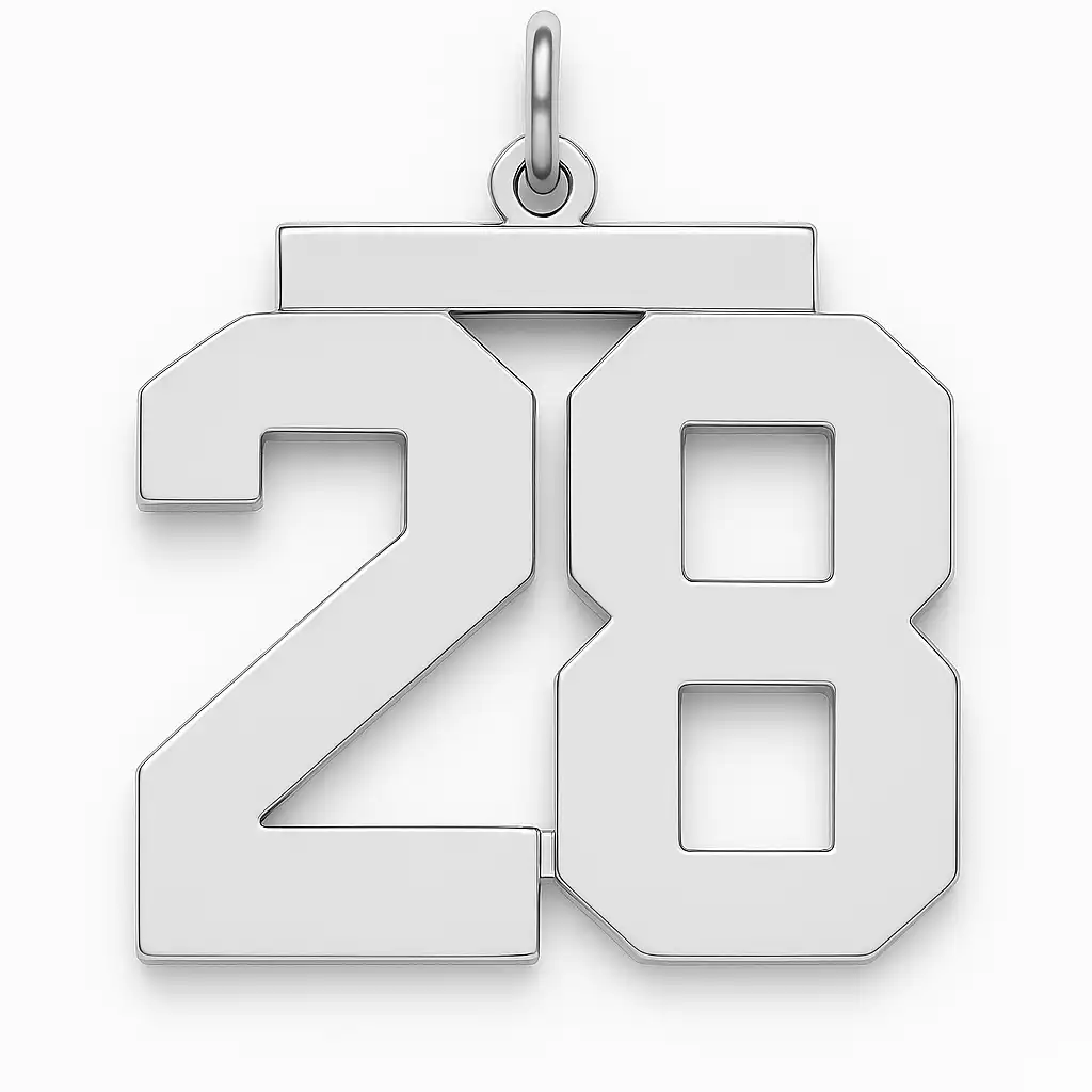 A metallic pendant shaped as the number 28, with a polished finish and a horizontal bar at the top, suspended from a small loop for wearing.