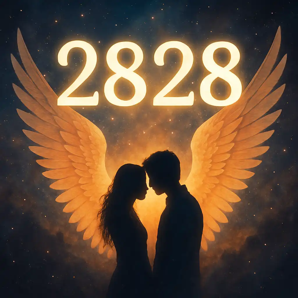 An artistic digital illustration featuring the angel number 2828 glowing softly against a celestial background of stars and radiant light, symbolizing divine connection and twin flame energy.