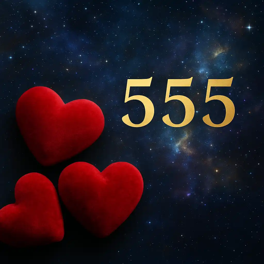 A digital illustration features the glowing number 555 in gold, surrounded by sparkling stars and floating red hearts on a deep cosmic background.