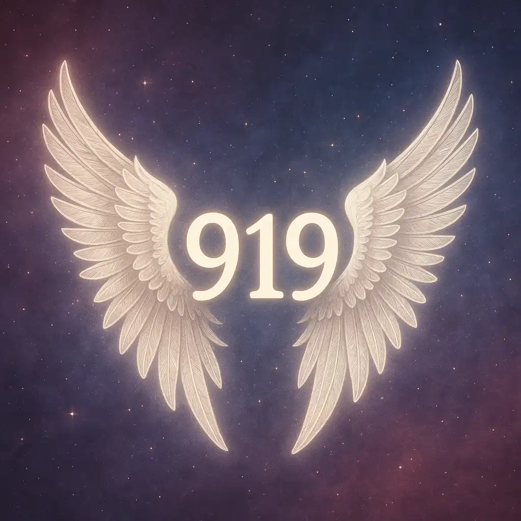 A glowing angel number 919 appears in the night sky, surrounded by soft clouds and ethereal light, symbolizing spiritual connection and twin flame energy.