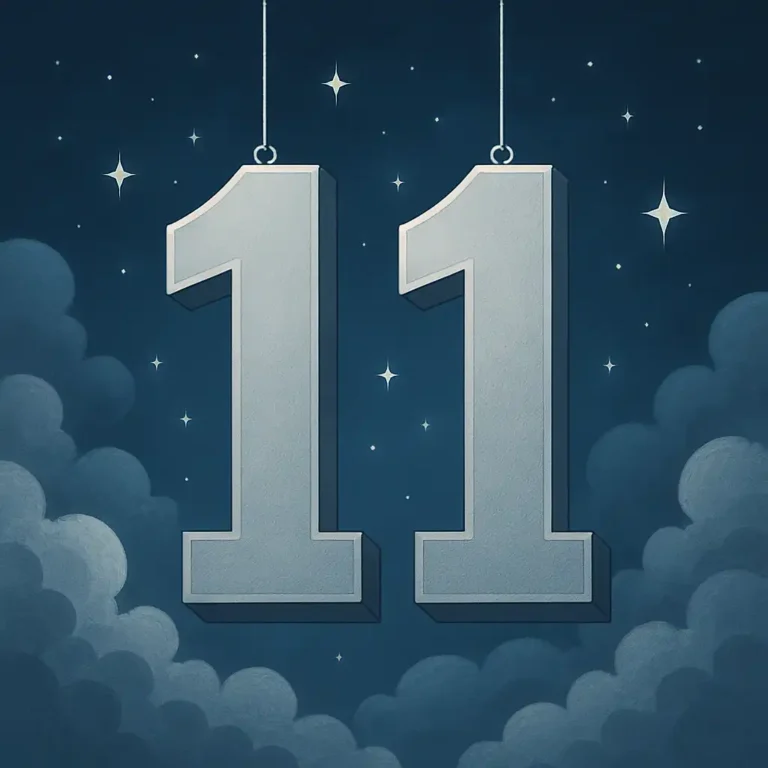 A 2D digital illustration showcases the number "11" glowing in soft golden light, floating in a dreamy celestial sky filled with stars and subtle clouds.