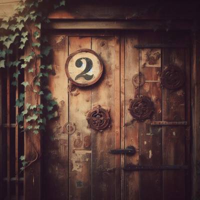 Rustic wooden door with a numeral 2 centerpiece, evoking themes of mystery and duality related to dreaming of the number 2.