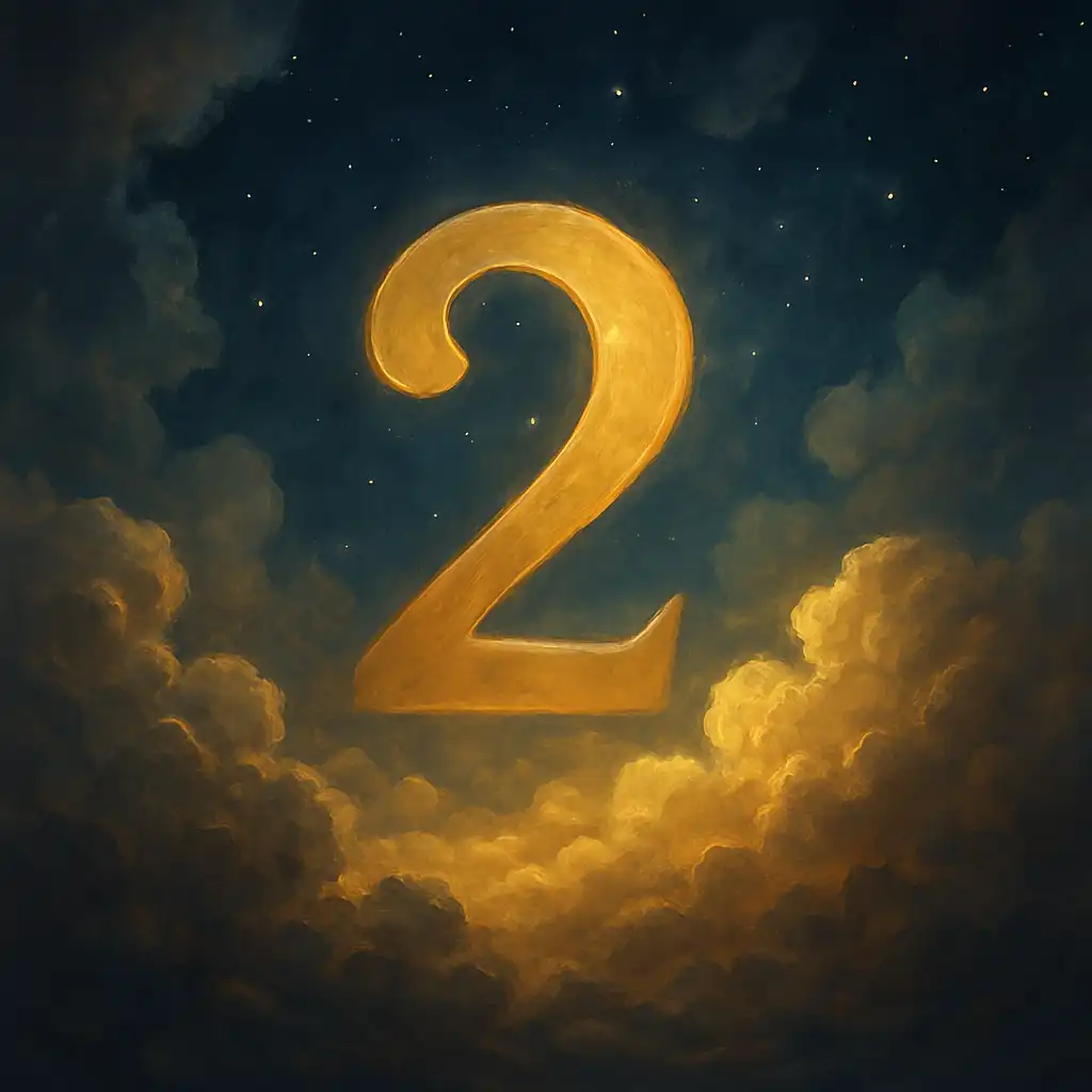 A digital painting showcases a dream scene focusing on the glowing number 2 floating above a misty landscape with surreal, soft lighting and ethereal clouds in the background.