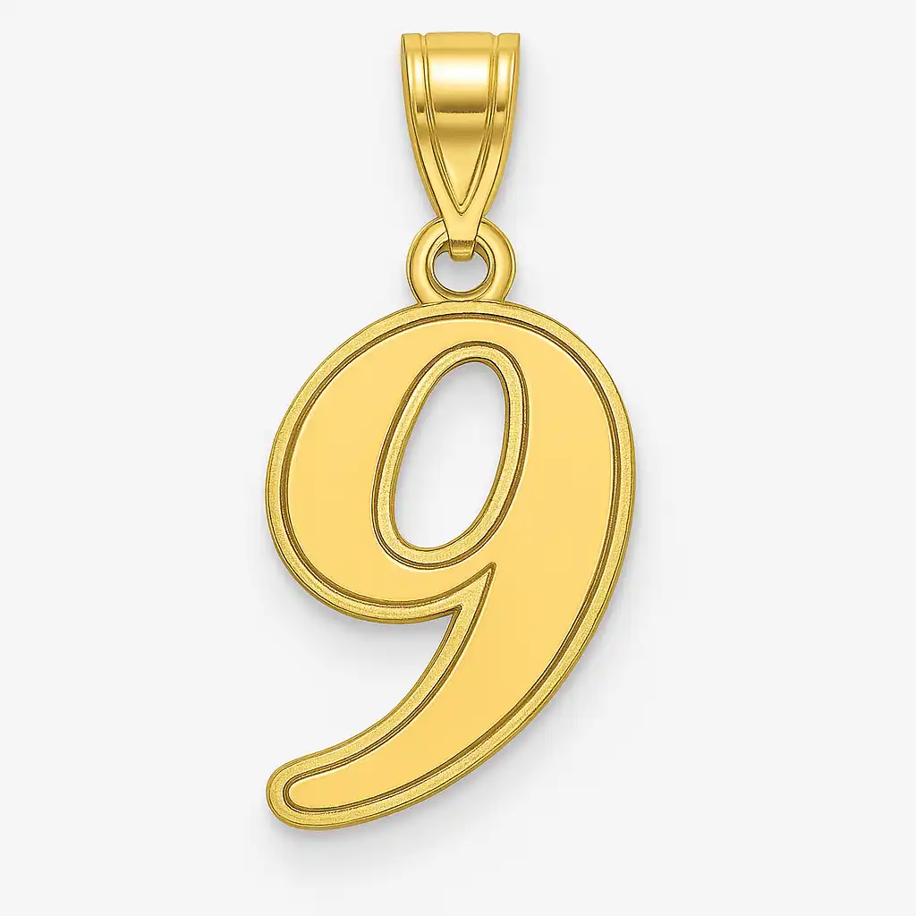 A gold pendant in the shape of the number 9, featuring a smooth polished surface with a delicate loop for attachment, displayed against a clean white background.
