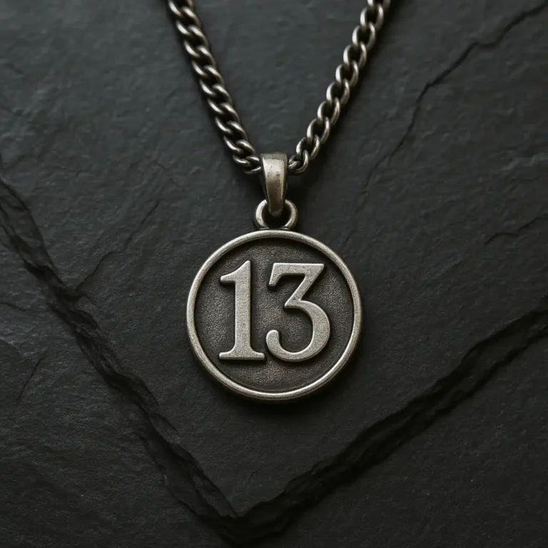 A silver pendant shaped like the number 13, resting on a textured black surface, symbolizing karmic energy and spiritual transformation.